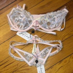 For Love & Lemons Pink Sheer Embroidered Underwire Strappy Panty Set
